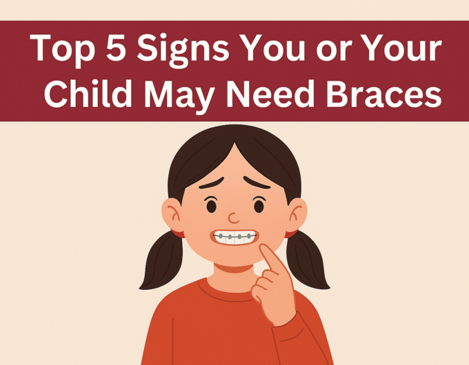 Illustration showing common signs that a child may need braces or an orthodontic assessment.