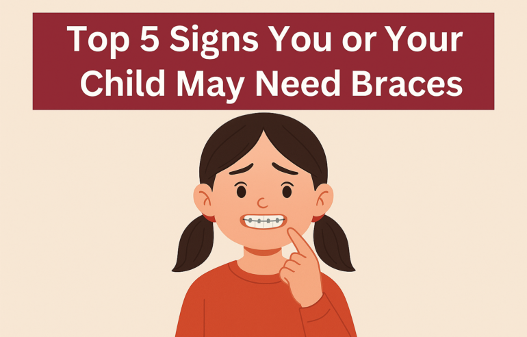 Illustration showing common signs that a child may need braces or an orthodontic assessment.