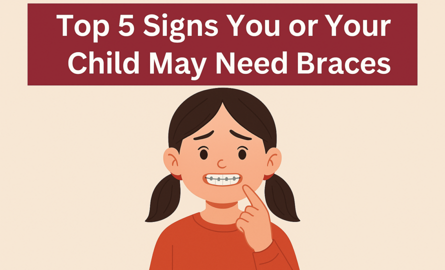 Illustration showing common signs that a child may need braces or an orthodontic assessment.