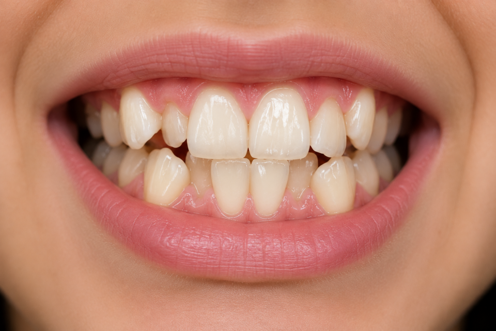 Close-up of crowded and overlapping front teeth showing a common orthodontic concern.