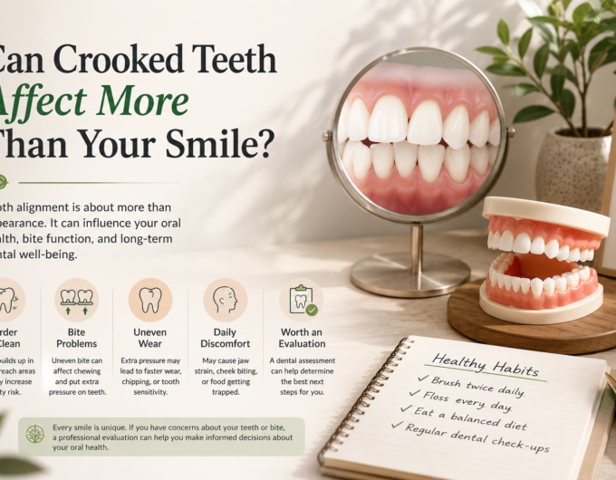 Can crooked teeth affect more than your smile? Educational illustration showing tooth alignment and oral health.