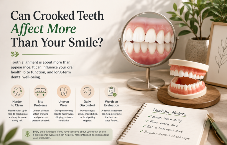 Can crooked teeth affect more than your smile? Educational illustration showing tooth alignment and oral health.