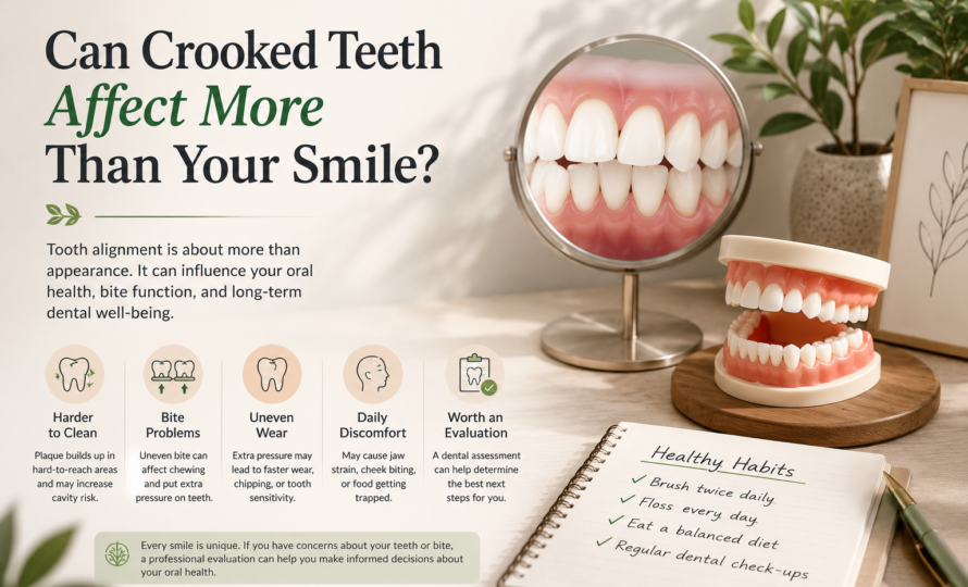 Can crooked teeth affect more than your smile? Educational illustration showing tooth alignment and oral health.
