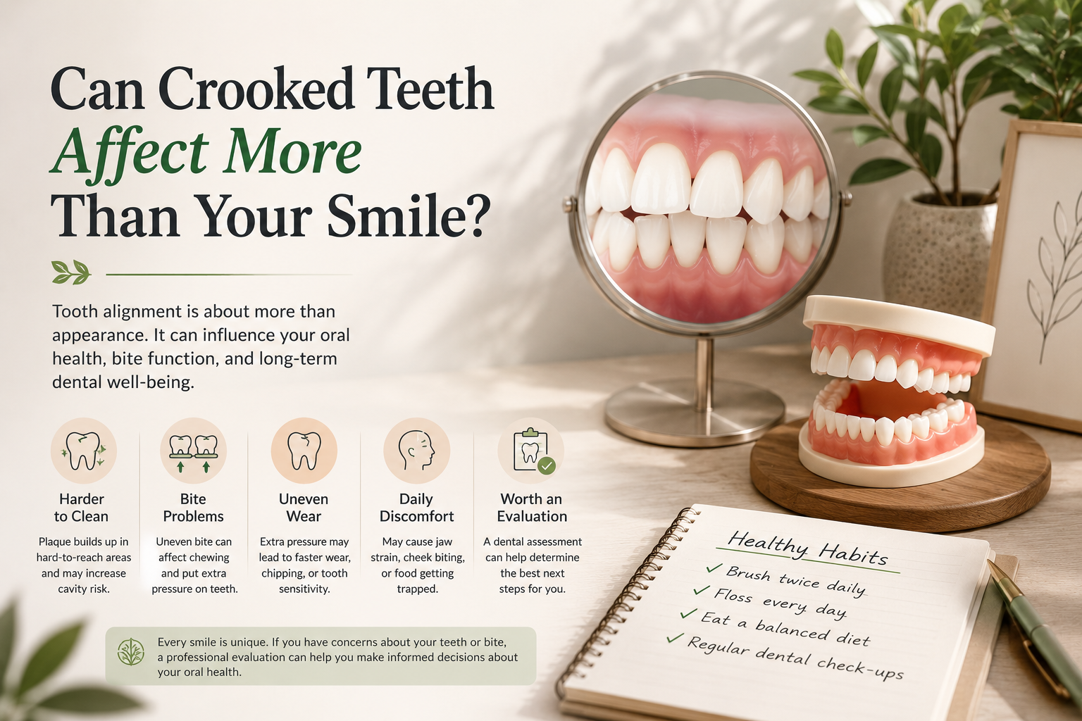 Can crooked teeth affect more than your smile? Educational illustration showing tooth alignment and oral health.