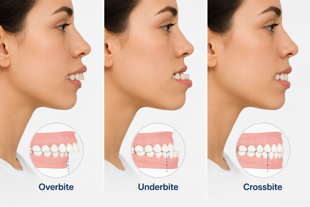 Illustration comparing an overbite, underbite, and crossbite to explain common bite alignment concerns.