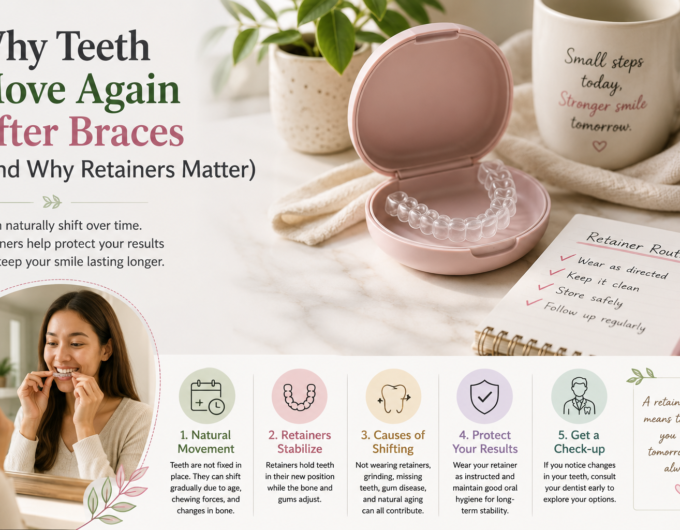 Clear retainer in case illustrating why teeth can move after braces and the importance of retainers.