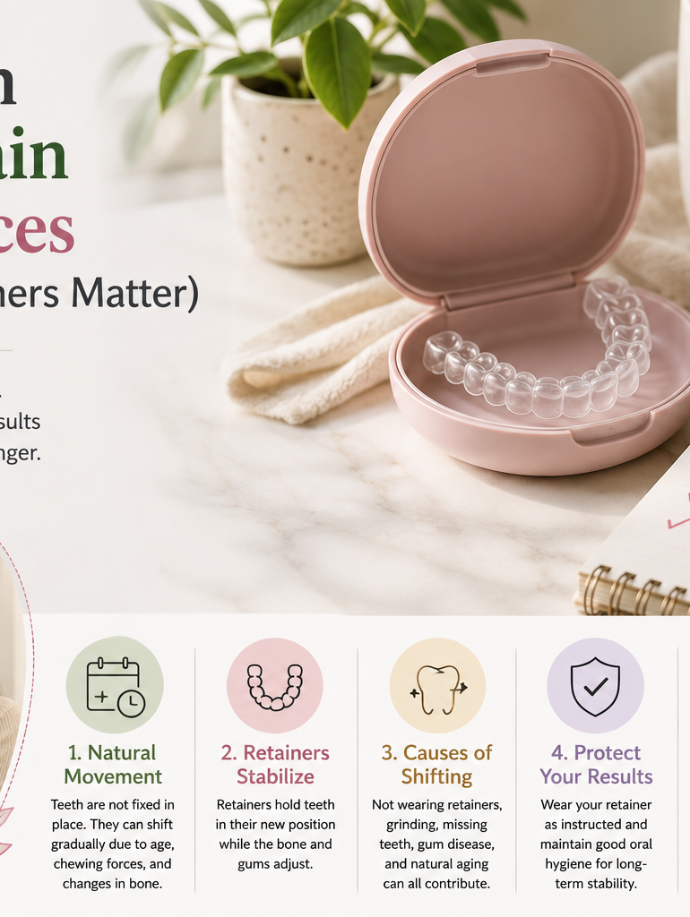 Clear retainer in case illustrating why teeth can move after braces and the importance of retainers.