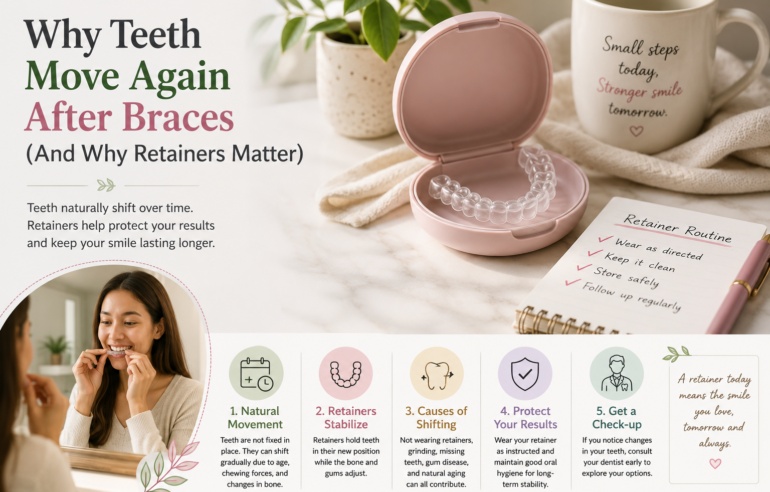 Clear retainer in case illustrating why teeth can move after braces and the importance of retainers.
