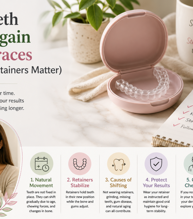 Clear retainer in case illustrating why teeth can move after braces and the importance of retainers.