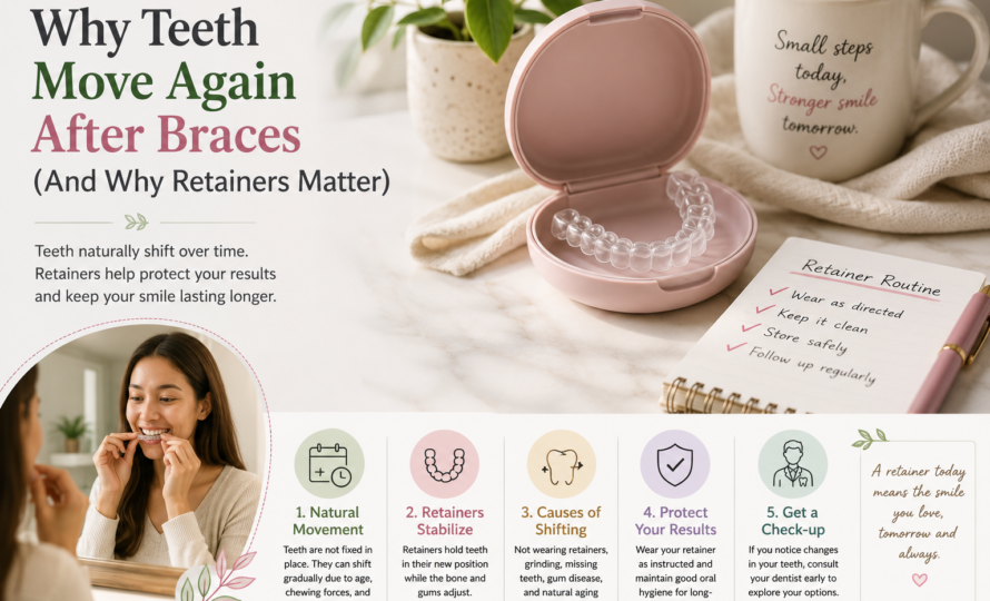 Clear retainer in case illustrating why teeth can move after braces and the importance of retainers.