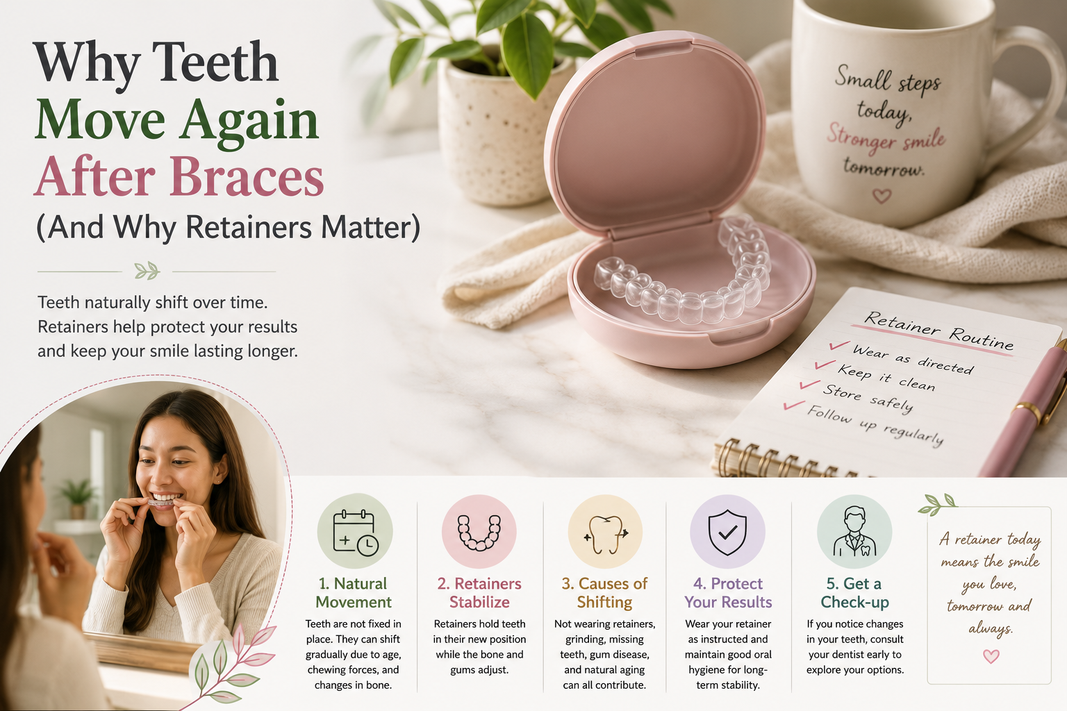 Clear retainer in case illustrating why teeth can move after braces and the importance of retainers.
