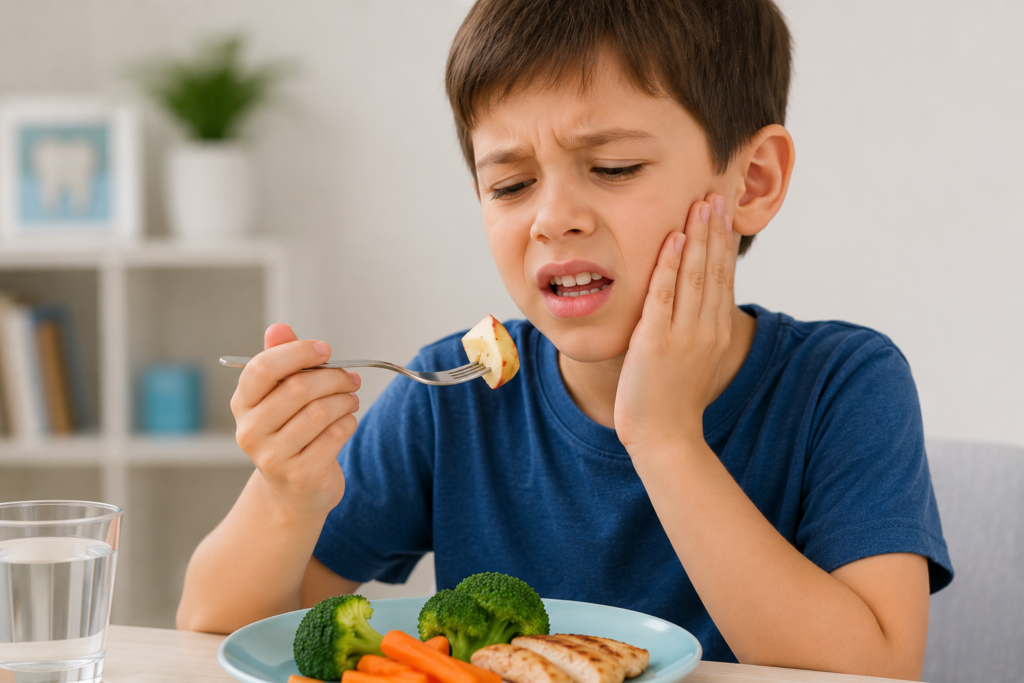 Child experiencing discomfort while chewing food, illustrating a possible bite or jaw alignment concern.