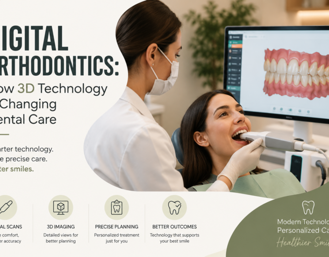 Dentist using a digital intraoral scanner to create a 3D model of a patient's teeth for orthodontic treatment planning.