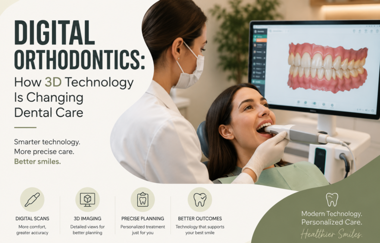 Dentist using a digital intraoral scanner to create a 3D model of a patient's teeth for orthodontic treatment planning.
