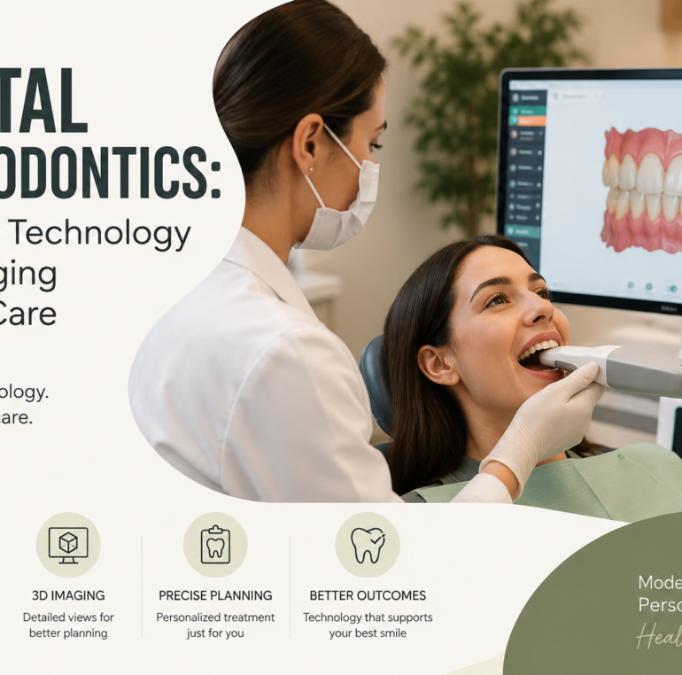 Dentist using a digital intraoral scanner to create a 3D model of a patient's teeth for orthodontic treatment planning.