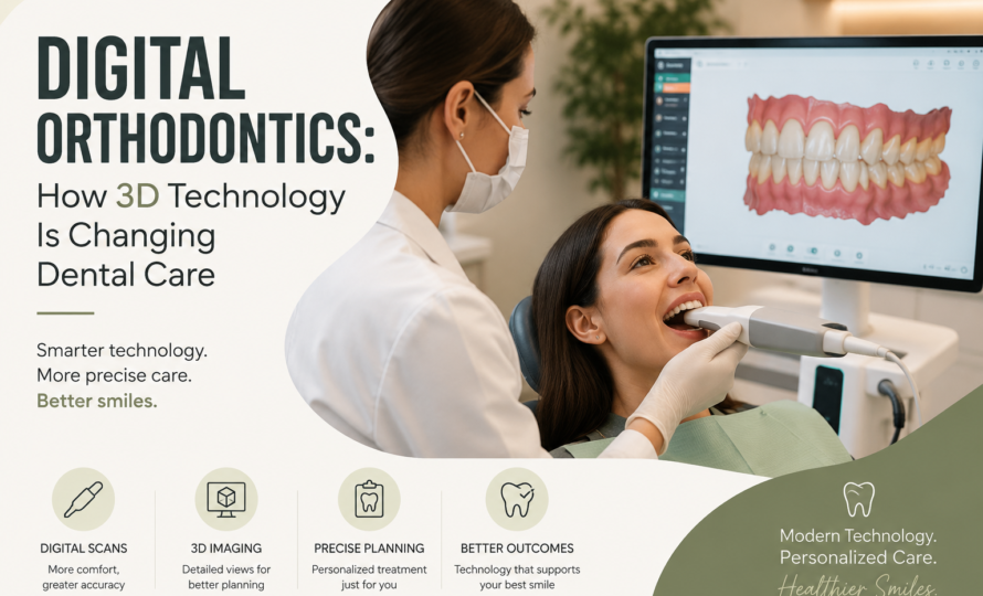 Dentist using a digital intraoral scanner to create a 3D model of a patient's teeth for orthodontic treatment planning.