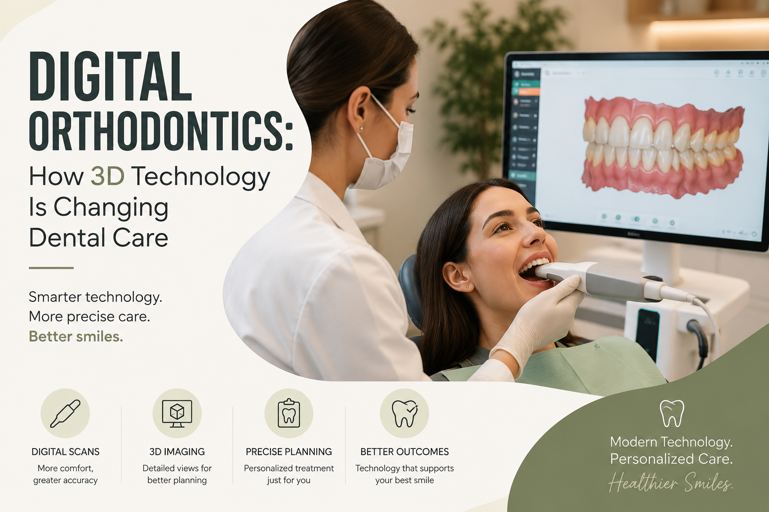 Dentist using a digital intraoral scanner to create a 3D model of a patient's teeth for orthodontic treatment planning.