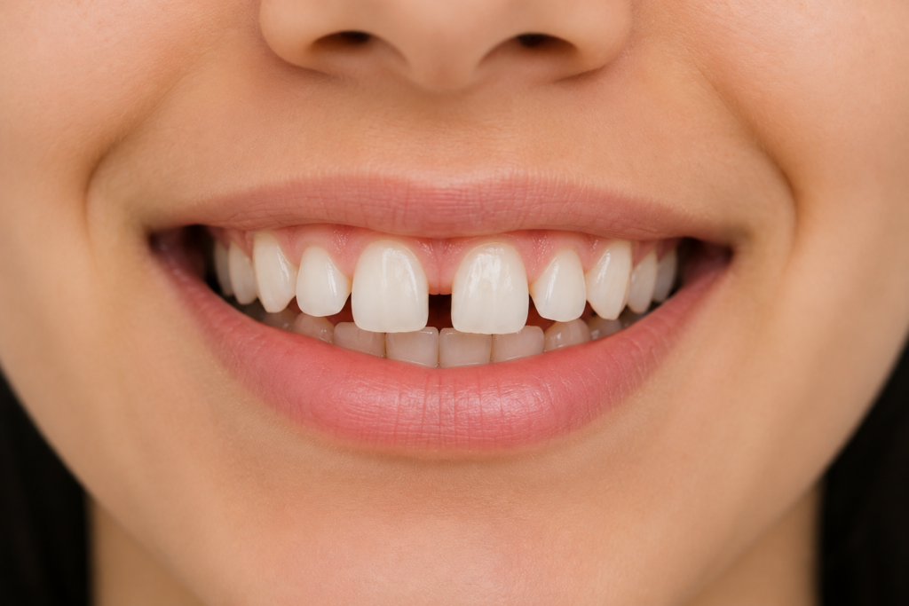 Close-up of a smile showing spaces between the front teeth, illustrating a common orthodontic concern.