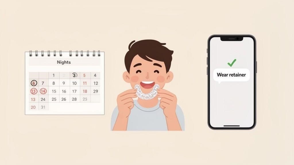 Illustration of digital monitoring and follow-up appointments during orthodontic treatment.
