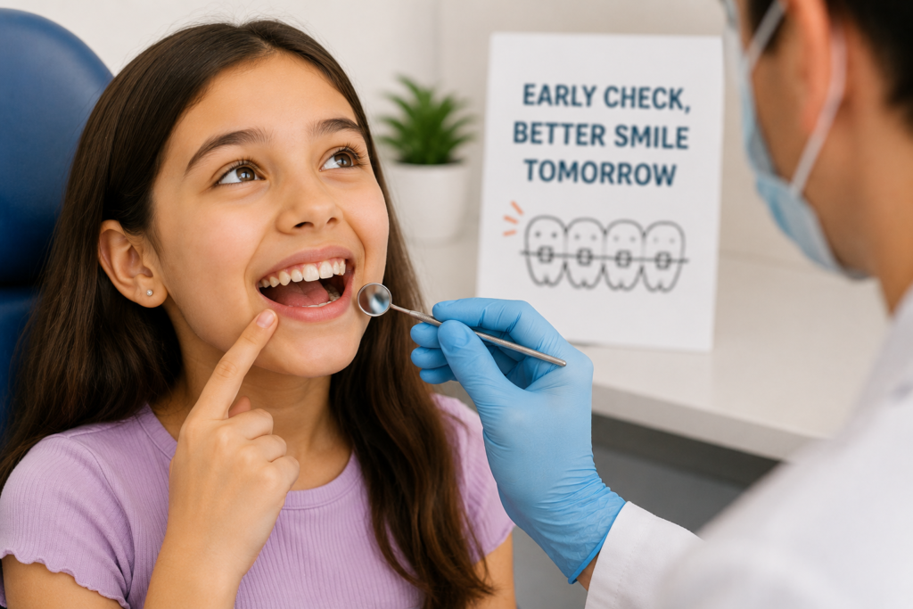 Child during a routine dental examination to monitor tooth development and the timing of baby teeth.