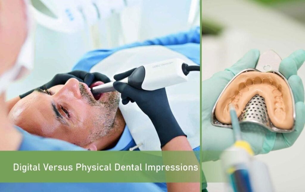 Patient undergoing a digital intraoral scan while a 3D model of the teeth is displayed for treatment planning.