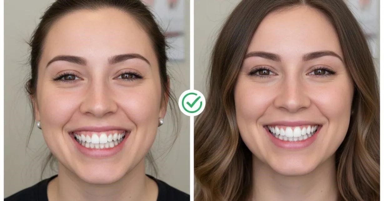 Side-by-side photographs illustrating differences in tooth alignment and smile appearance.
